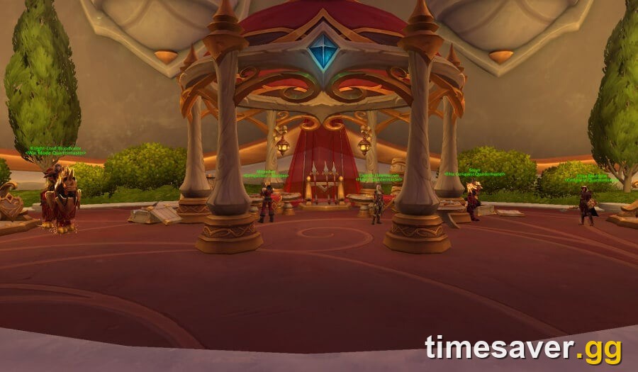 PvP quartermasters and honor and conquest vendors standing under the pavilion in Silvermoon City, where Midnight Season 2 PvP gear is bought