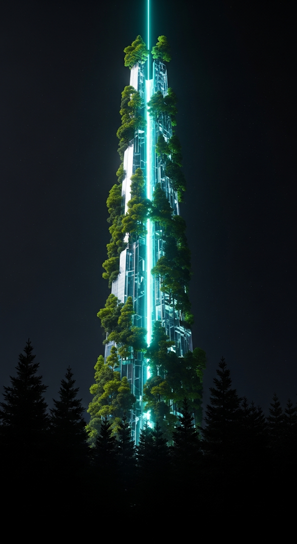 Vertical Forest Skyscraper with Teal Light in a Dark Pine Forest