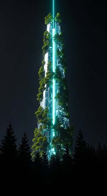 Vertical Forest Skyscraper with Teal Light in a Dark Pine Forest - Free mobile Wallpaper