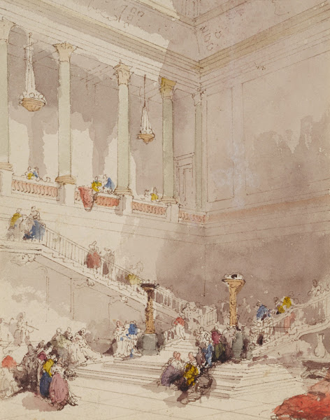 Figures on the staircase of a palace