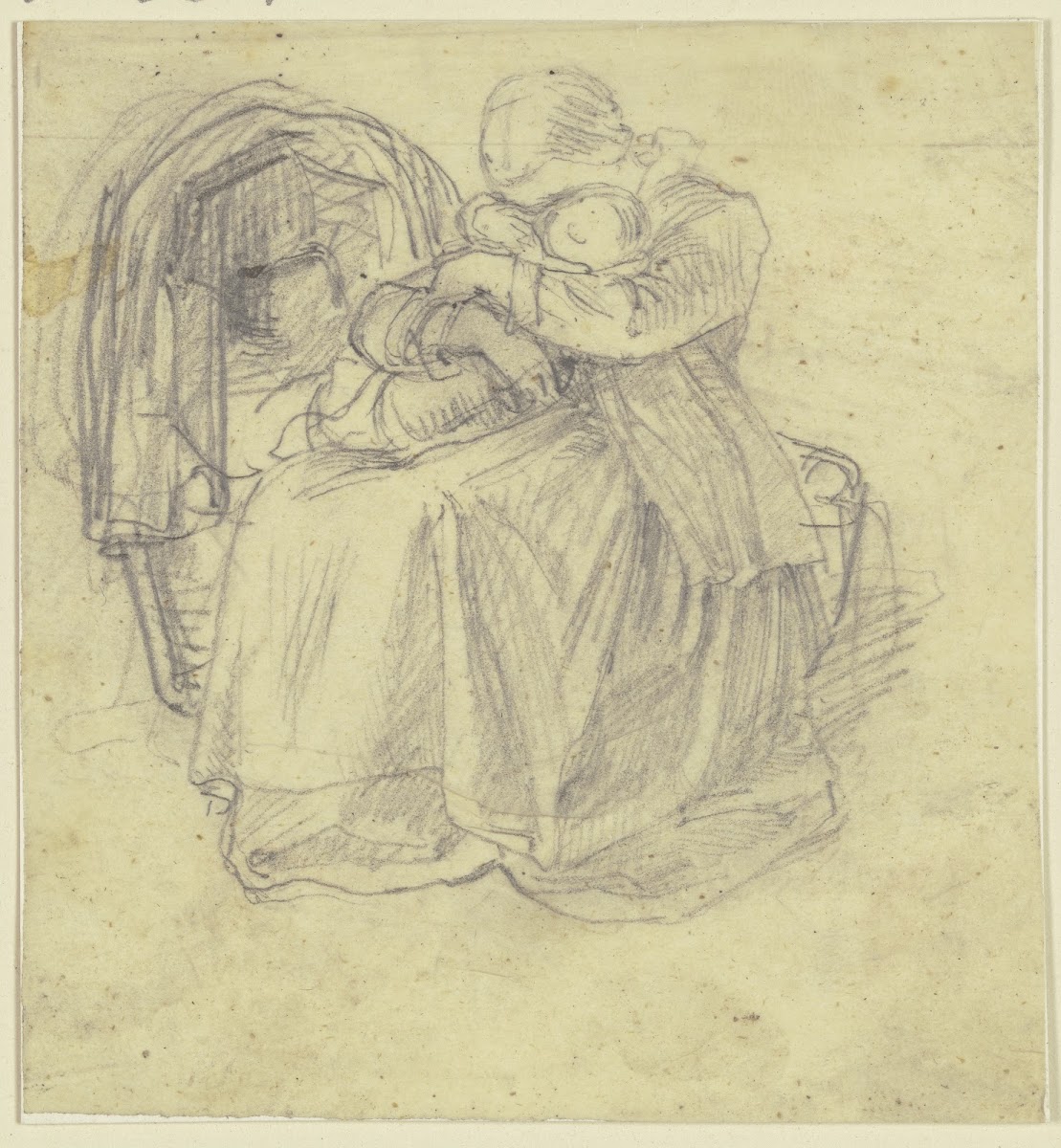 A girl sits by a cradle and holds a small child on her lap with both arms their