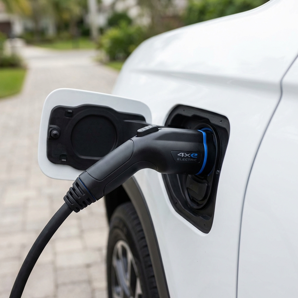 Close up of Jeep 4xe charging port and cable plugged in on a driveway daytime minimalist CarFax Deals style white background blue accents jeep wrangler for sale