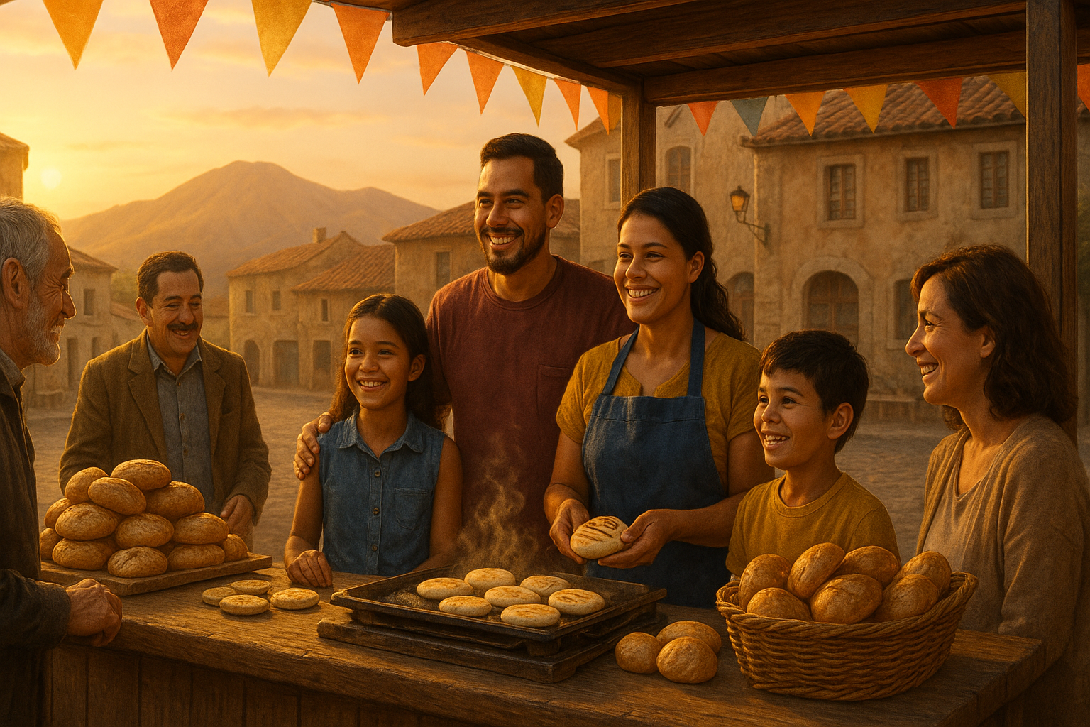 Familia venezolana atendiendo una pequeña panadería en la plaza de un pueblo europeo al atardecer