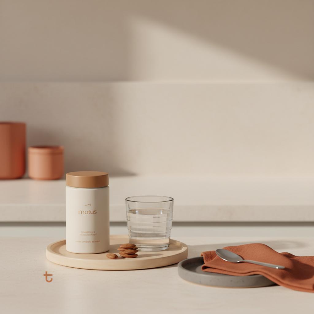 Minimal Tonum supplement jar on a wooden tray with a glass of water and almonds on a warm #F2E5D5 background, minimalist scene conveying appetite suppressant pills use.