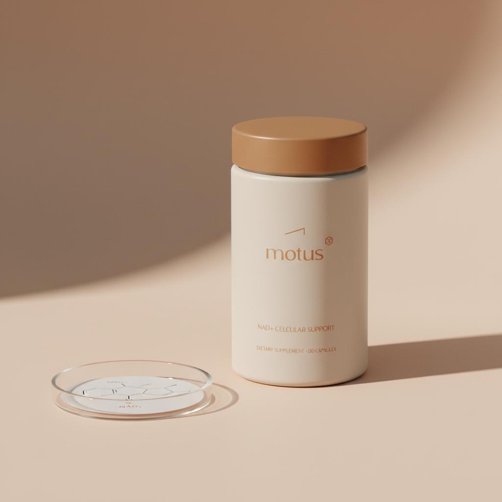 Minimalist clinical still-life of Tonum product from reference photos beside a petri dish with a printed NAD+ structural model, emphasizing the NAD supplement.