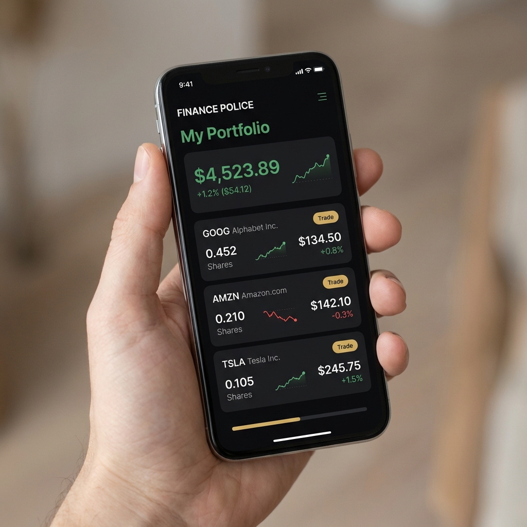 Close up smartphone displaying brokerage app fractional shares UI held in hand with clear readable numbers and charts how to get started investing with little money
