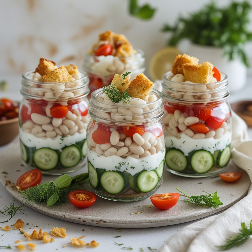 Smoky White Bean Layered Parfaits with Lemon-Dill Yogurt & Herb Croutons