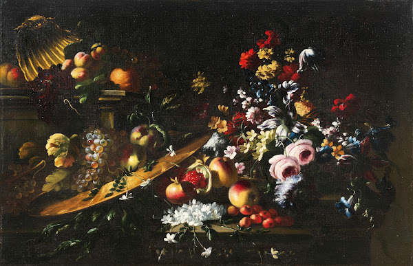 Carnations roses jasmine and other flowers with fruit on golden plates