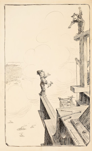 Two construction workers shout at each other while building a structure 1906