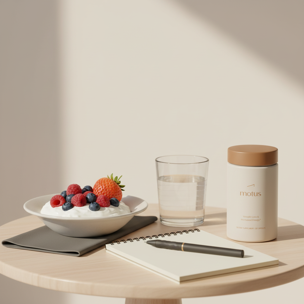 Minimal morning table with Tonum Motus supplement, Greek yogurt with berries, glass of water and notebook, styled for body recomposition and sustainable weight loss.