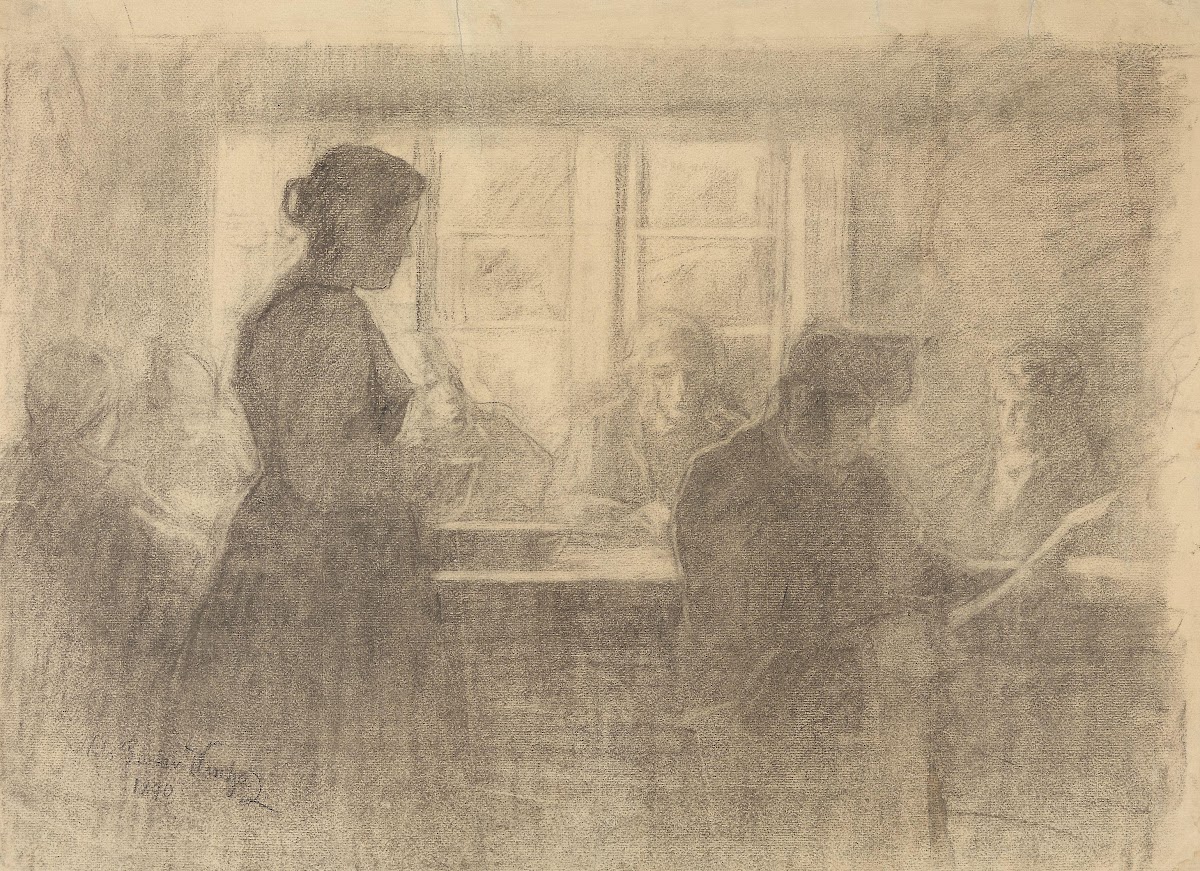 An interior with figures around a table 1890