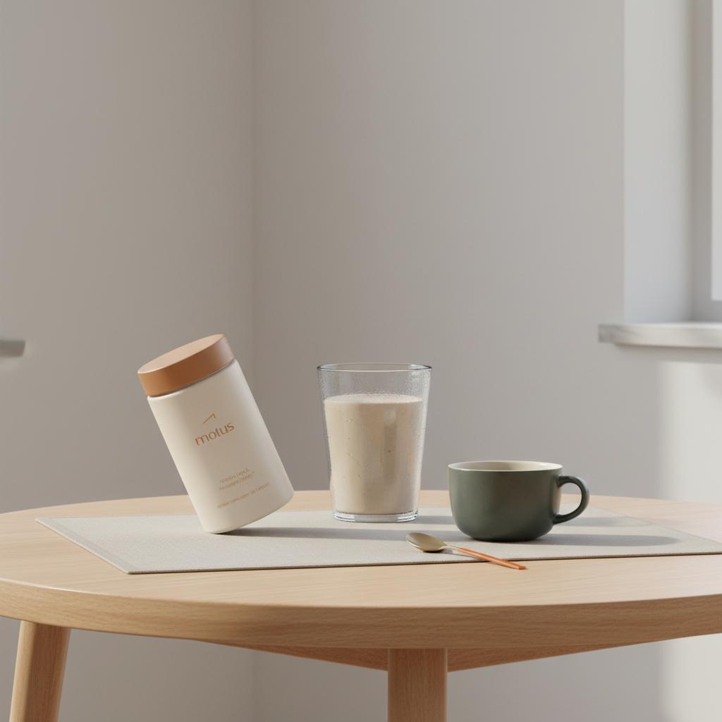 Minimalist kitchen scene with a protein shake, green tea cup and Tonum Motus jar — visual for drinks to reduce lower belly fat