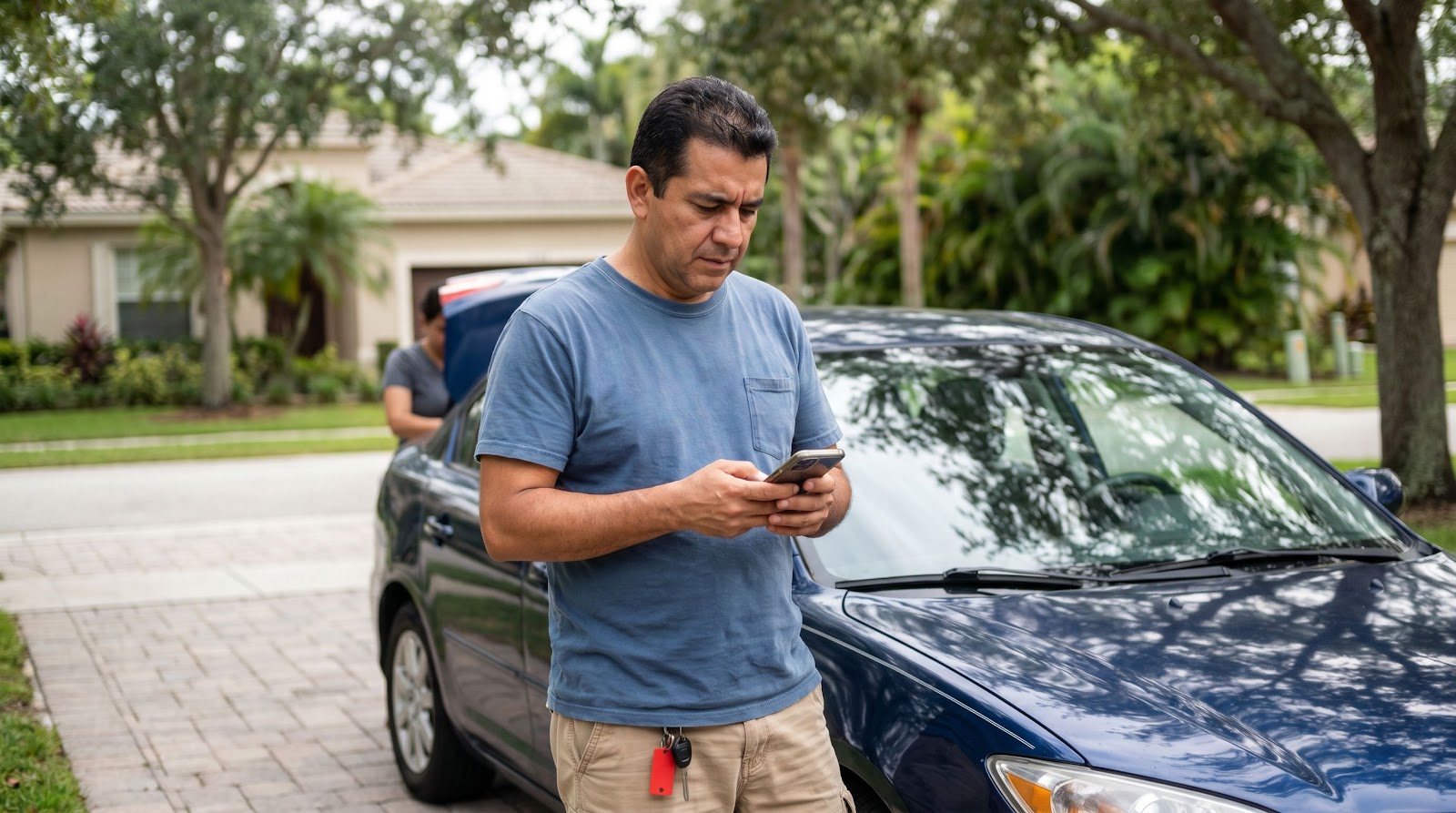 Florida extreme heat car fire insurance claim mistake being documented by a driver beside his car in a Florida driveway