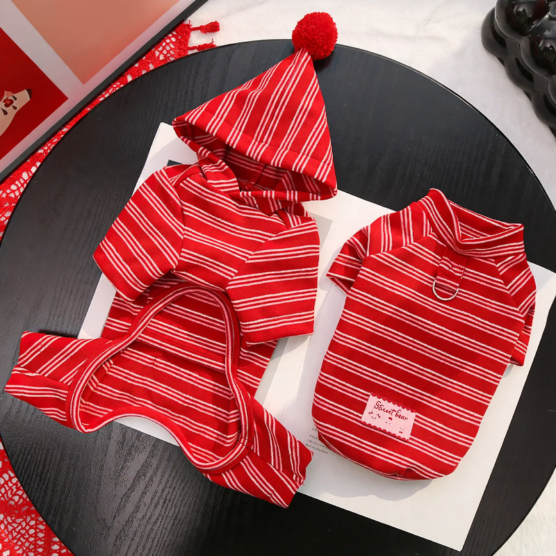 Dog sweater with four legs, red striped pattern