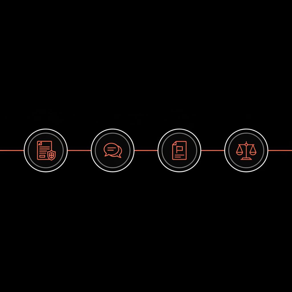 Minimal vector timeline infographic with four checkpoint icons (preserve, respond, report, legal) connected by an orange accent line for how to get a Google review removed asap