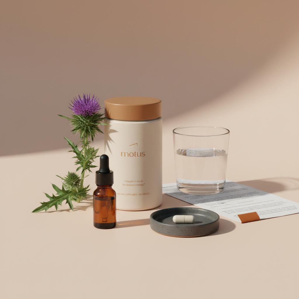 Tonum supplement container with milk thistle sprig, amber silymarin vial, lab note, capsule dish and water on #F2E5D5 background — how long does milk thistle take to help your liver