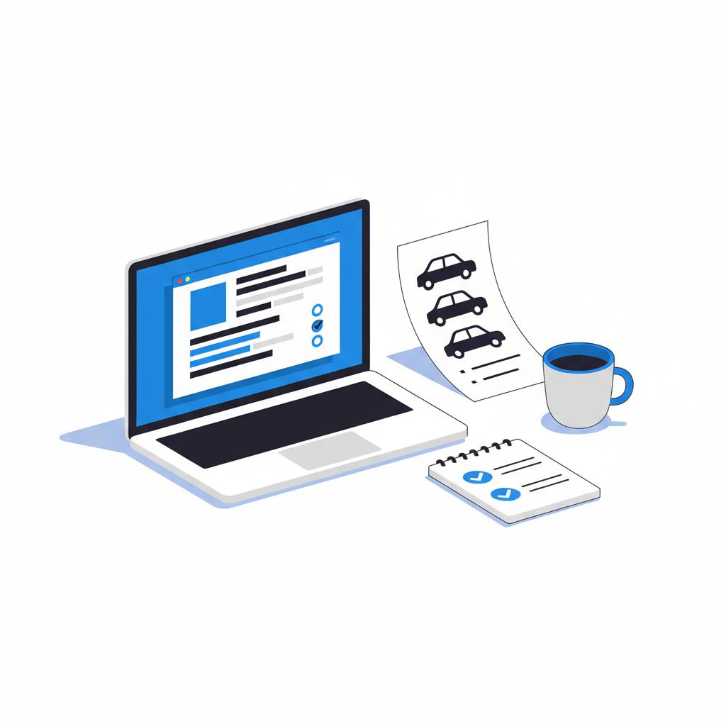 Minimal 2D vector scene of a laptop showing a vehicle history report next to a printed listing and coffee cup illustrating research for a used toyota tacoma for sale in white and blue palette