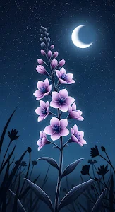 Glowing Purple Flowers Night Sky Crescent Moon Art