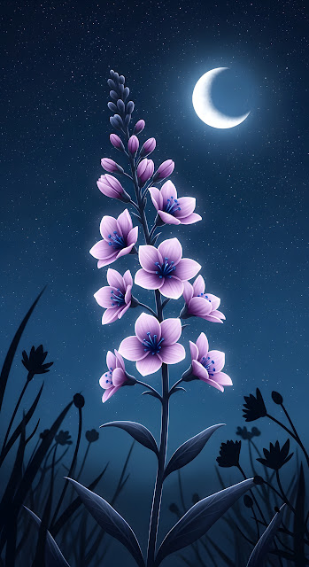 Glowing Purple Flowers Night Sky Crescent Moon Art - Free mobile Wallpaper