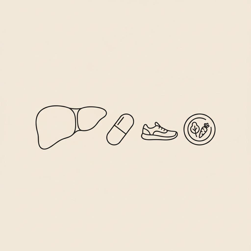 Minimalist line illustration of an abstract liver beside a capsule, walking shoe and a plate with vegetables on beige background — how quickly does liver disease progress