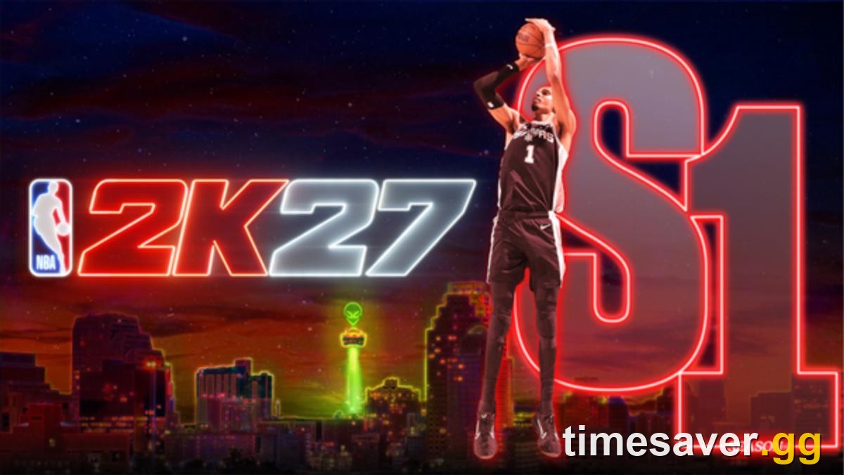 NBA 2K27 Season 1 graphic with player shooting over a neon city skyline