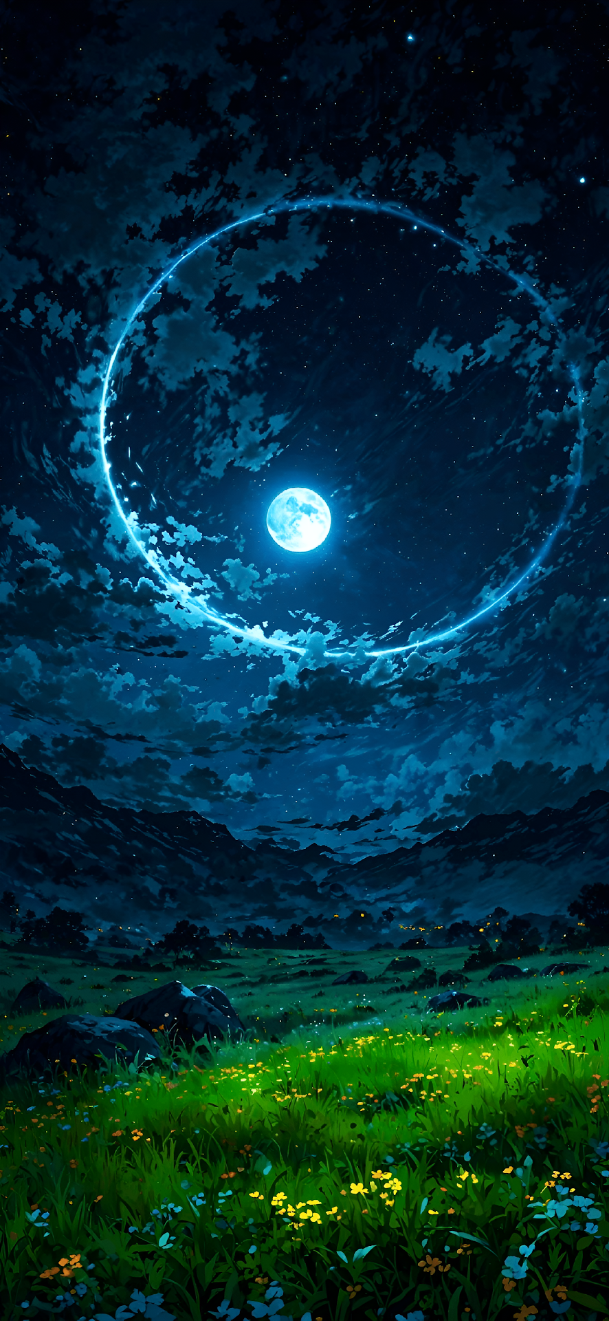 Magical Night Meadow Glowing Ring Full Moon Landscape - Free 4K mobile Wallpaper
