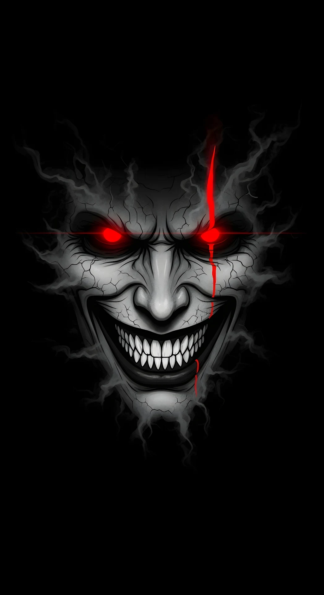 Sinister Cracked Demon Face with Glowing Red Eyes - Free 4K mobile Wallpaper