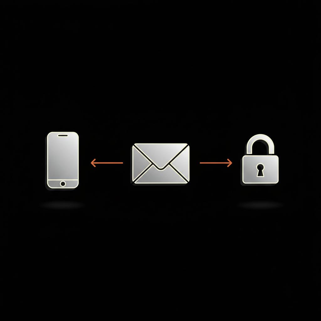 Minimal vector infographic showing phone, email envelope, and padlock icons connected by arrows on a black background with subtle #dc5c2b accents for google account recovery.