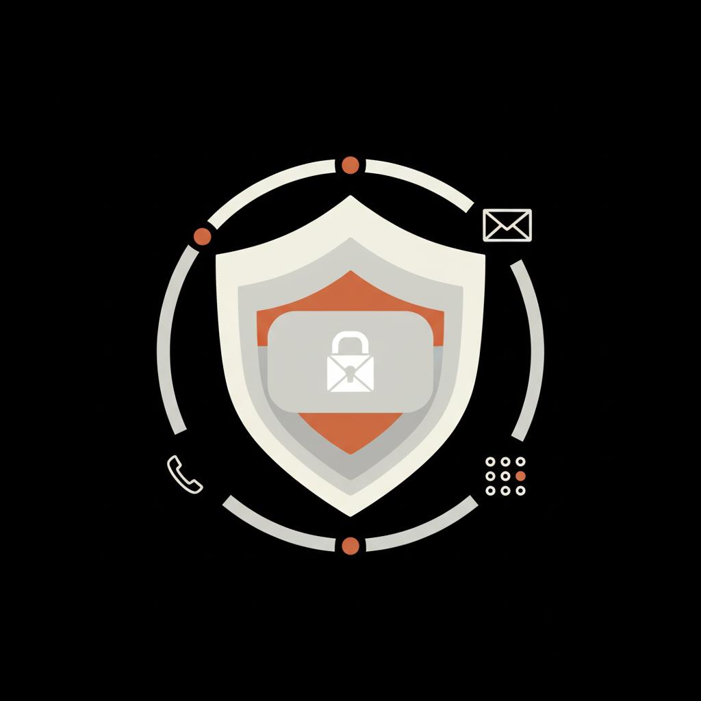 Minimal 2D vector infographic of a secure device with layered shields and a progress path showing phone, email, and authenticator icons — guide to recover my Google account