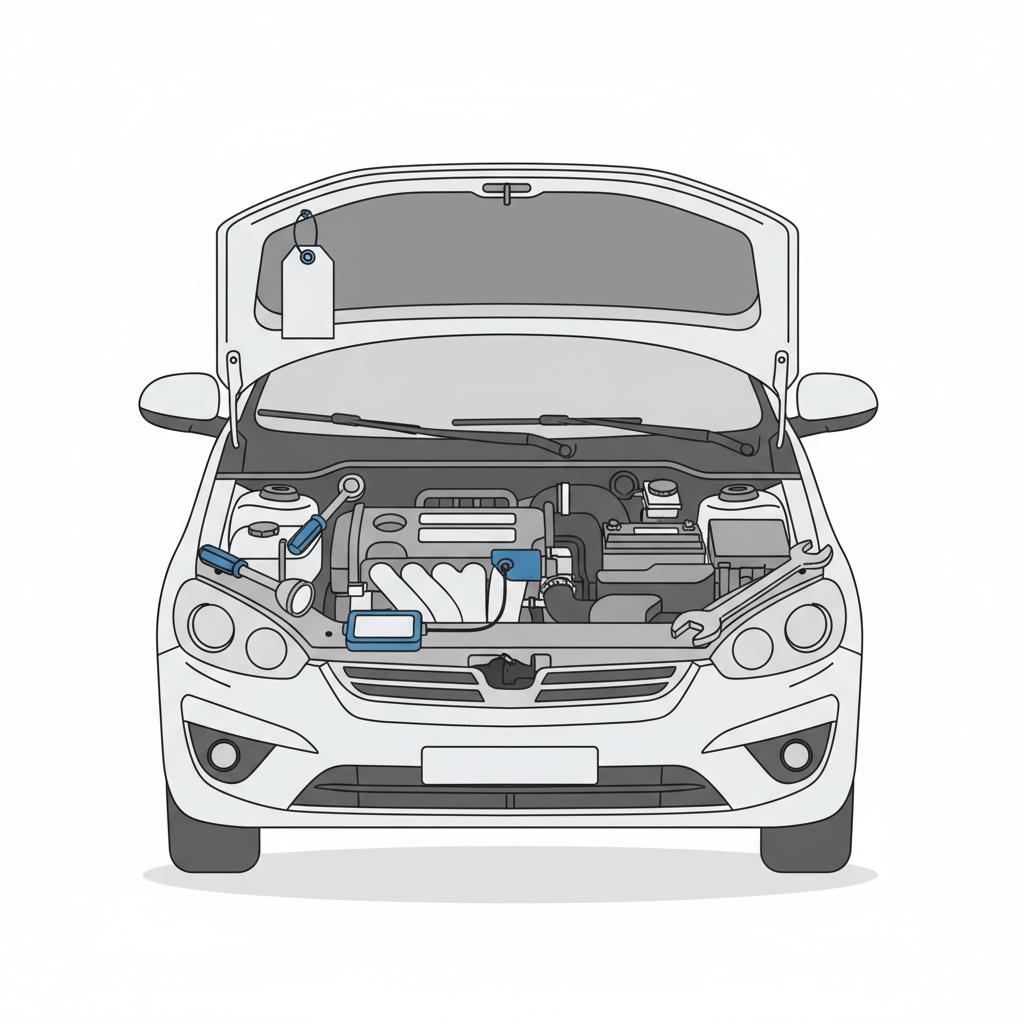 Minimalist vector illustration of a Honda engine bay pre purchase inspection with tools on the fender and a diagnostic scanner connected ideal for honda for sale listings