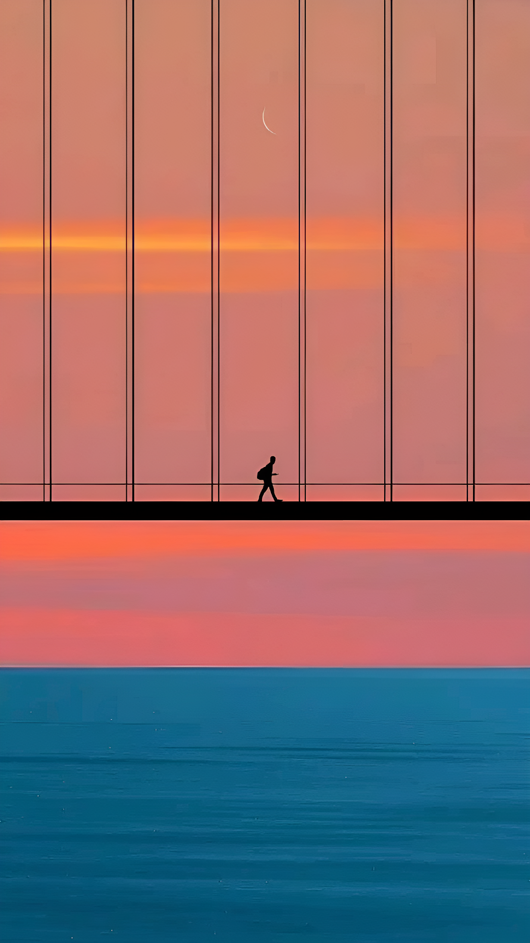 Minimalist Silhouette Bridge Walk Pink Sky Teal Water - Free 4K mobile Wallpaper