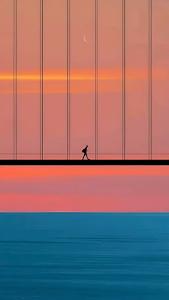 Minimalist Silhouette Bridge Walk Pink Sky Teal Water