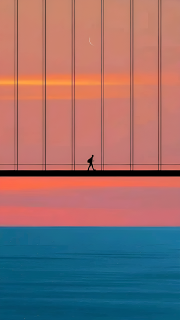 Minimalist Silhouette Bridge Walk Pink Sky Teal Water - Free mobile Wallpaper