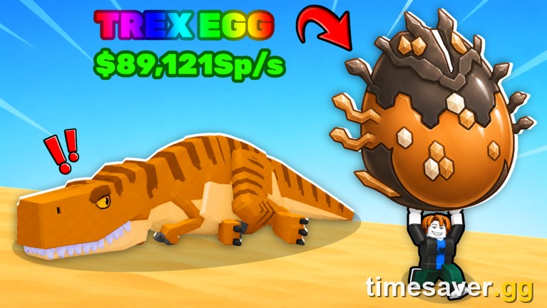 Steal An Egg: a player hauls a huge spiked T-Rex egg out of the Desert biome, with the egg's money-per-second value shown above it