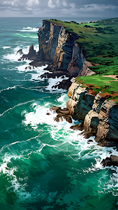 Emerald Ocean Waves Crashing Against Rugged Coastal Cliffs