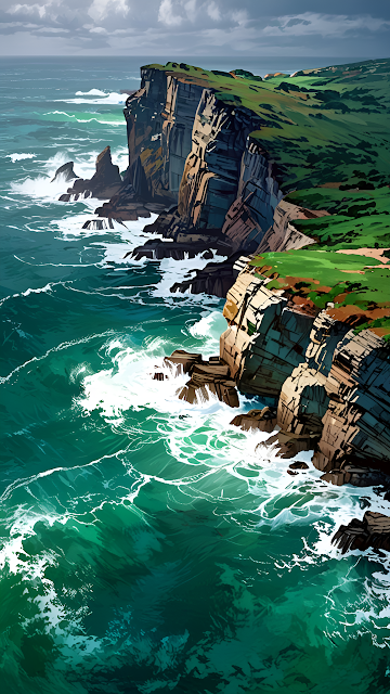 Emerald Ocean Waves Crashing Against Rugged Coastal Cliffs - Free mobile Wallpaper
