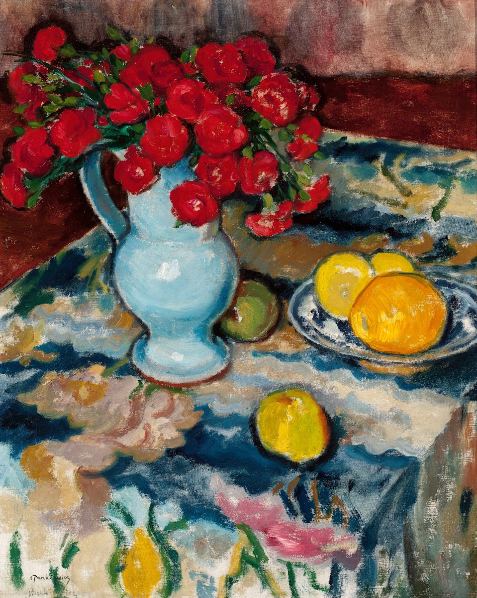 Red carnations Still life with a blue vase circa 1910