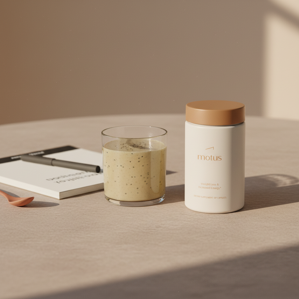 Minimal morning vignette with Motus supplement jar, clear glass shake and notepad on wooden table in Tonum tones, showcasing weight loss powder lifestyle.