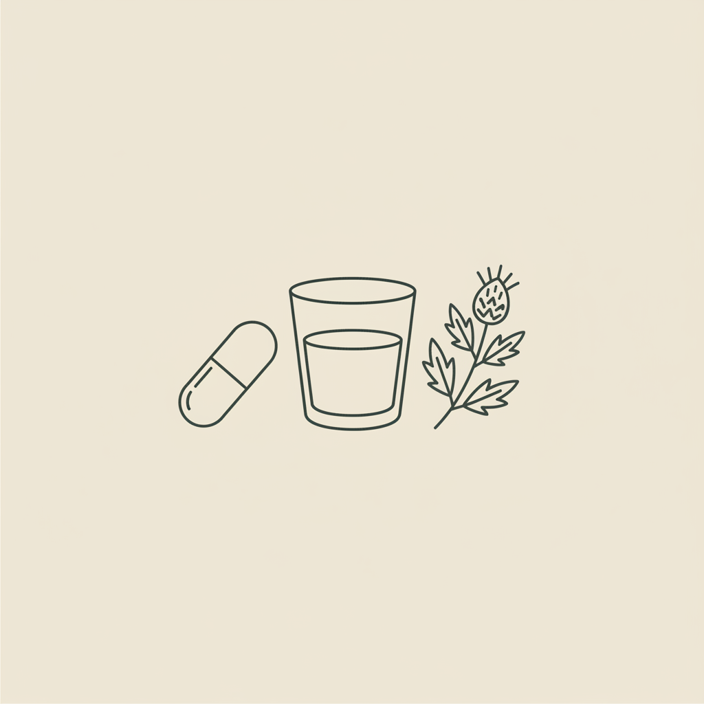 Minimal Tonum-style line illustration of a capsule, small water glass, and milk thistle sprig on a beige background, depicting bariatric vitamins Walmart in a calm, clinical style.