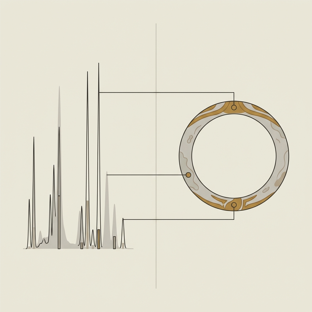 Minimal 2D vector side by side comparison of an XRF readout excerpt and a roman bronze ring showing probe markers and connecting lines in Aurora Antiqua colors