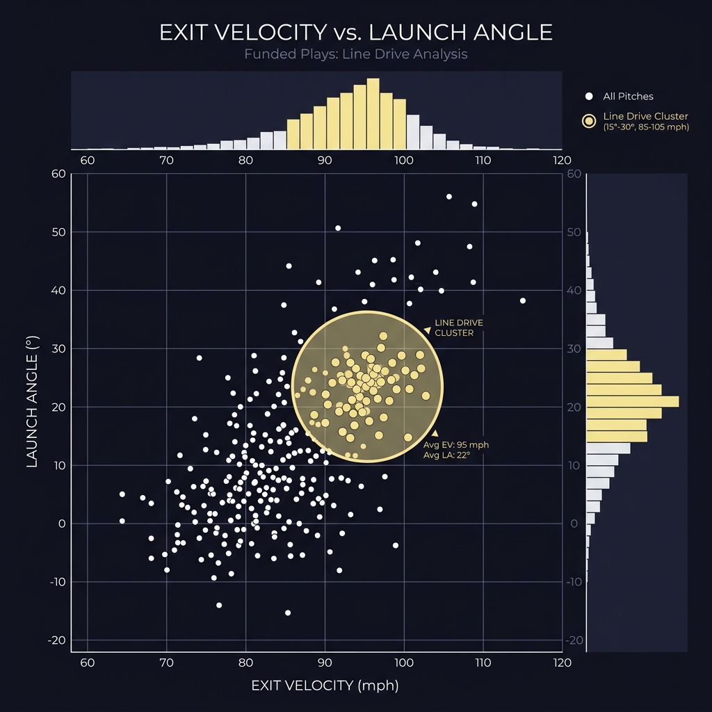 Clean full frame scatterplot of exit velocity versus launch angle with marginal histograms highlighting a cluster of line drives for Using Statcast Data in MLB Analysis