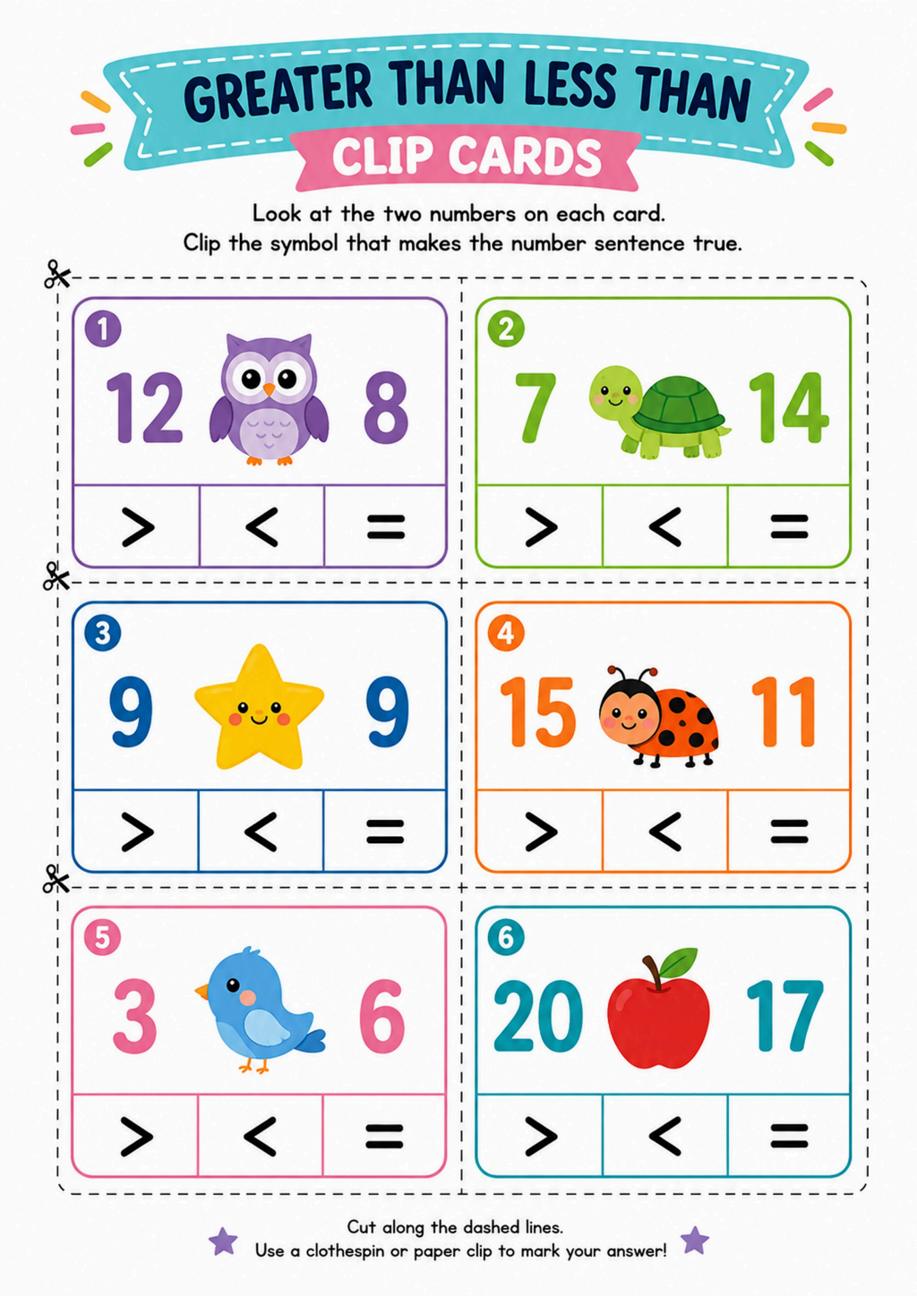 Greater Than Less Than Clip Cards Worksheet