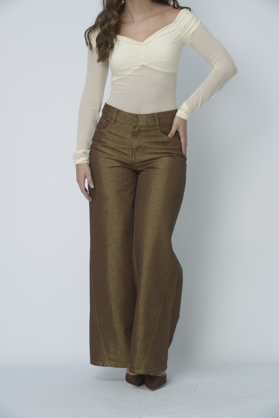 Jean dama Wide Leg tiro alto rígido tela brillante, color Café - Vista 7