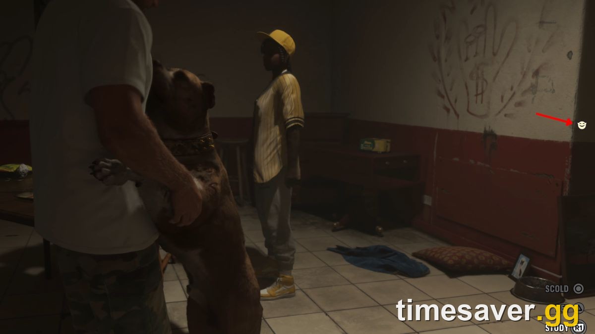 Jason petting a dog in GTA 6 with Pet, Scold and Study prompts and a small Criminal Profile icon on screen