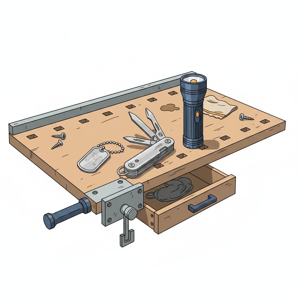 Werkbank mit graviertem Dog Tag, Multitool und robuster Taschenlampe auf Holz – Was kann man einem Feuerwehrmann schenken? Minimalistische 2D-Vektoraufnahme in Steelmonks-Farben.