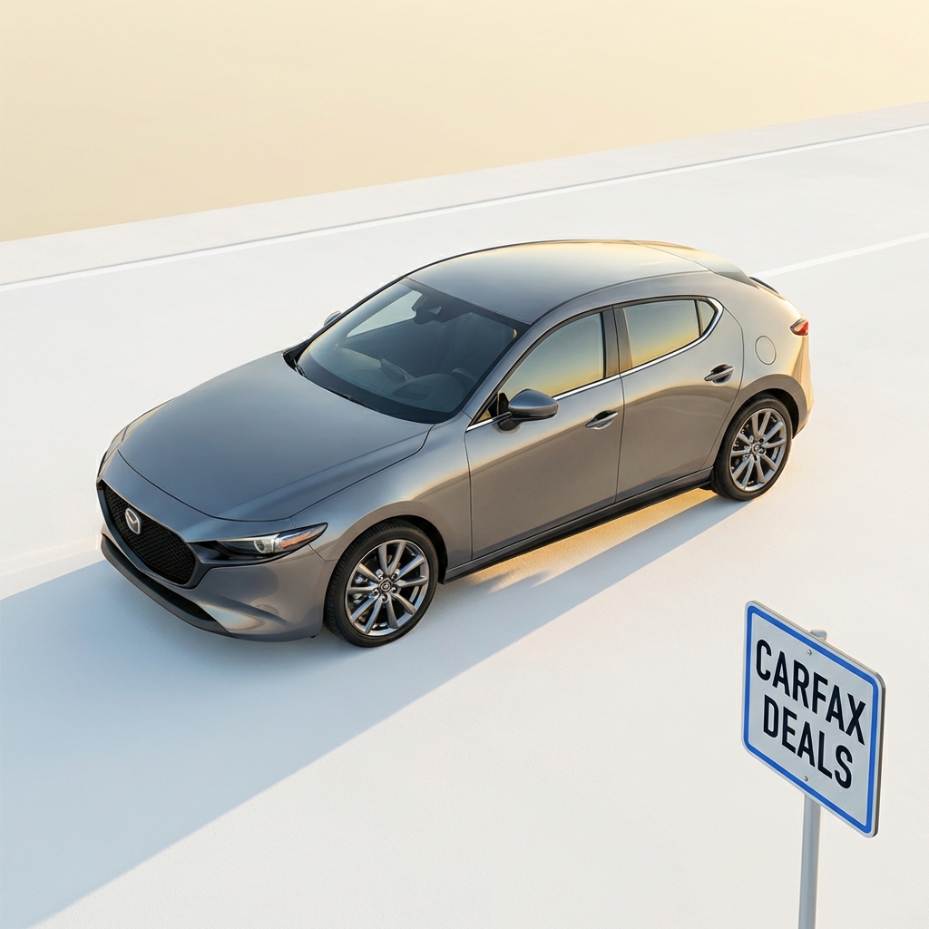 are mazda cars worth buying top down three quarter photo of a Mazda3 on an empty open road late afternoon light emphasis on sleek lines and wheel detail