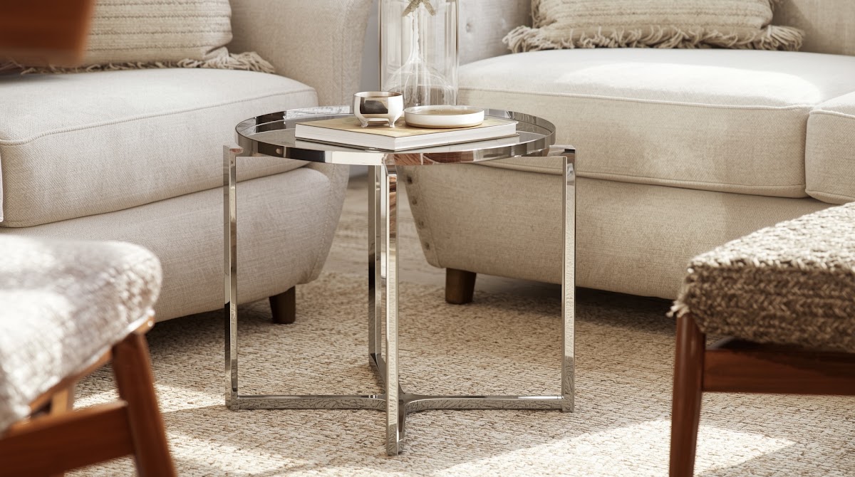 How to Make a Small Living Room Feel Bigger With Chrome Side Tables - microfiber care for polished chrome beside wood furniture