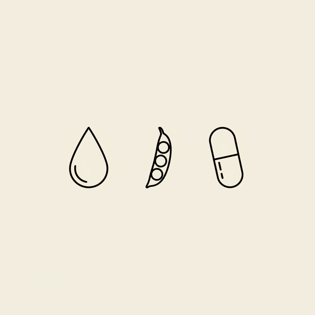 Minimal Tonum-style vector line illustration of a milk droplet, pea pod, and collagen capsule representing whey, plant, and collagen protein options for protein for belly fat loss on a beige background.