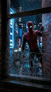 Photorealistic Spiderman Peeking Through a Rainy Window