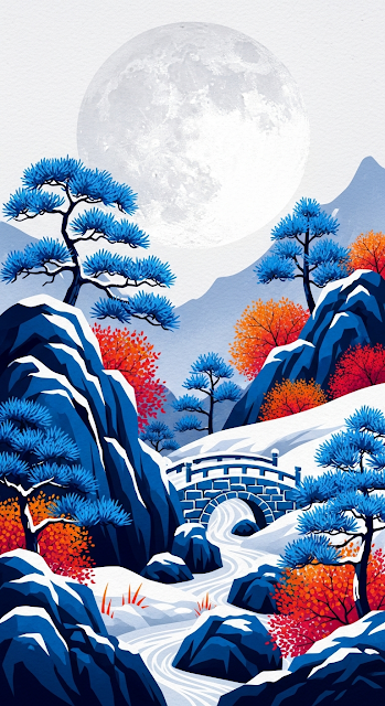 Traditional Japanese Ink Wash Painting Style Winter Landscape with Moon and Vibrant Foliage - Free mobile Wallpaper